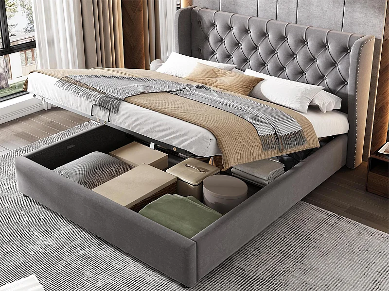 Lit coffre avec tête de lit - 140 x 200 cm - velours - sommier à lattes - gris