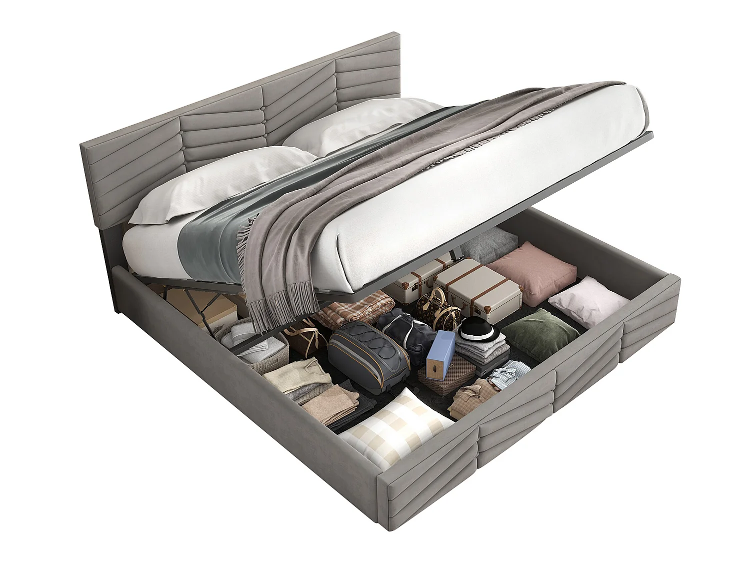 Lit coffre avec tête de lit réglable - 160 x 200 cm - velours - sommier à lattes - coloris - gris
