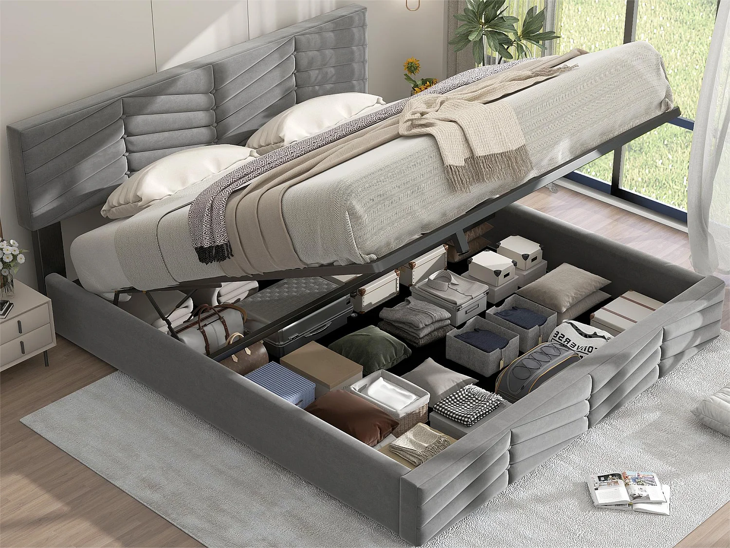 Letto contenitore con testiera regolabile - 160 x 200 cm - velluto - rete a doghe - colore - grigio