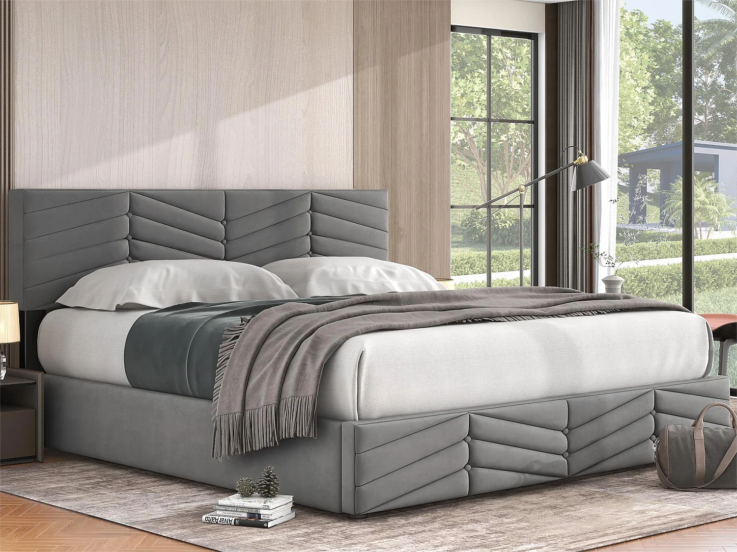 Letto contenitore con testiera regolabile - 160 x 200 cm - velluto - rete a doghe - colore - grigio