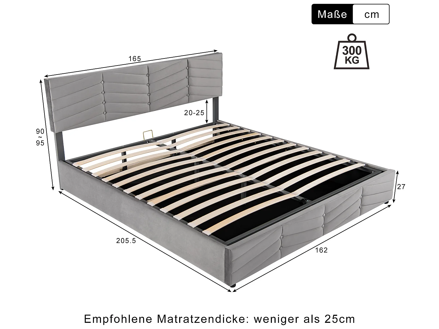 Letto contenitore con testiera regolabile - 160 x 200 cm - velluto - rete a doghe - colore - grigio