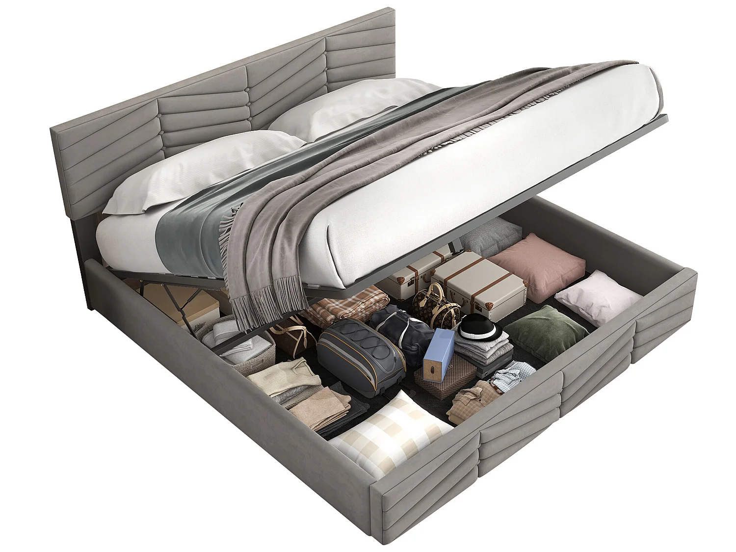 Letto contenitore con testiera regolabile - 160 x 200 cm - velluto - rete a doghe - colore - grigio