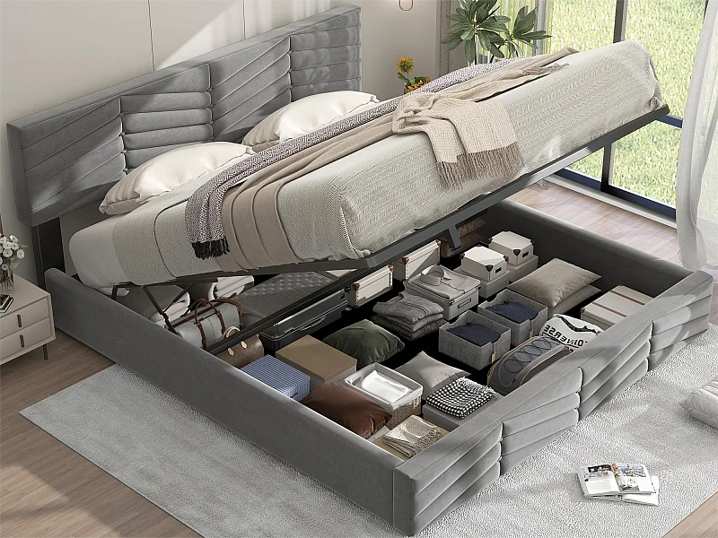 Lit coffre avec tête de lit réglable - 160 x 200 cm - velours - sommier à lattes - coloris - gris