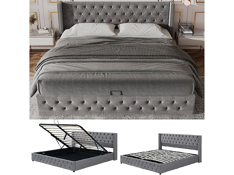 Opbergbed - 160 x 200 cm - fluweel - lattenbodem - Chesterfield-stijl - grijs