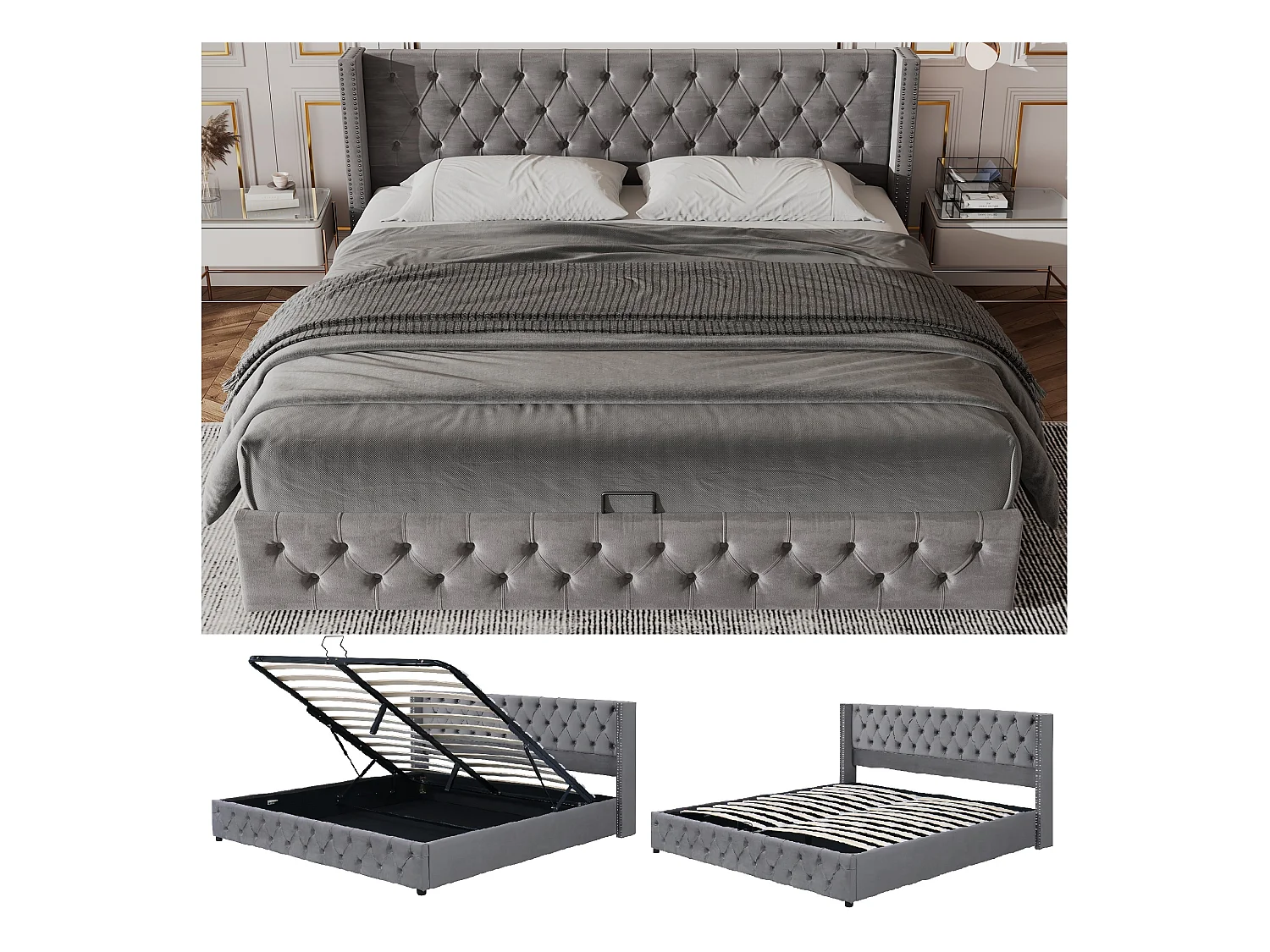 Lit coffre avec rangement - 160 x 200 cm - velours - sommier à lattes - style chesterfield - coloris gris