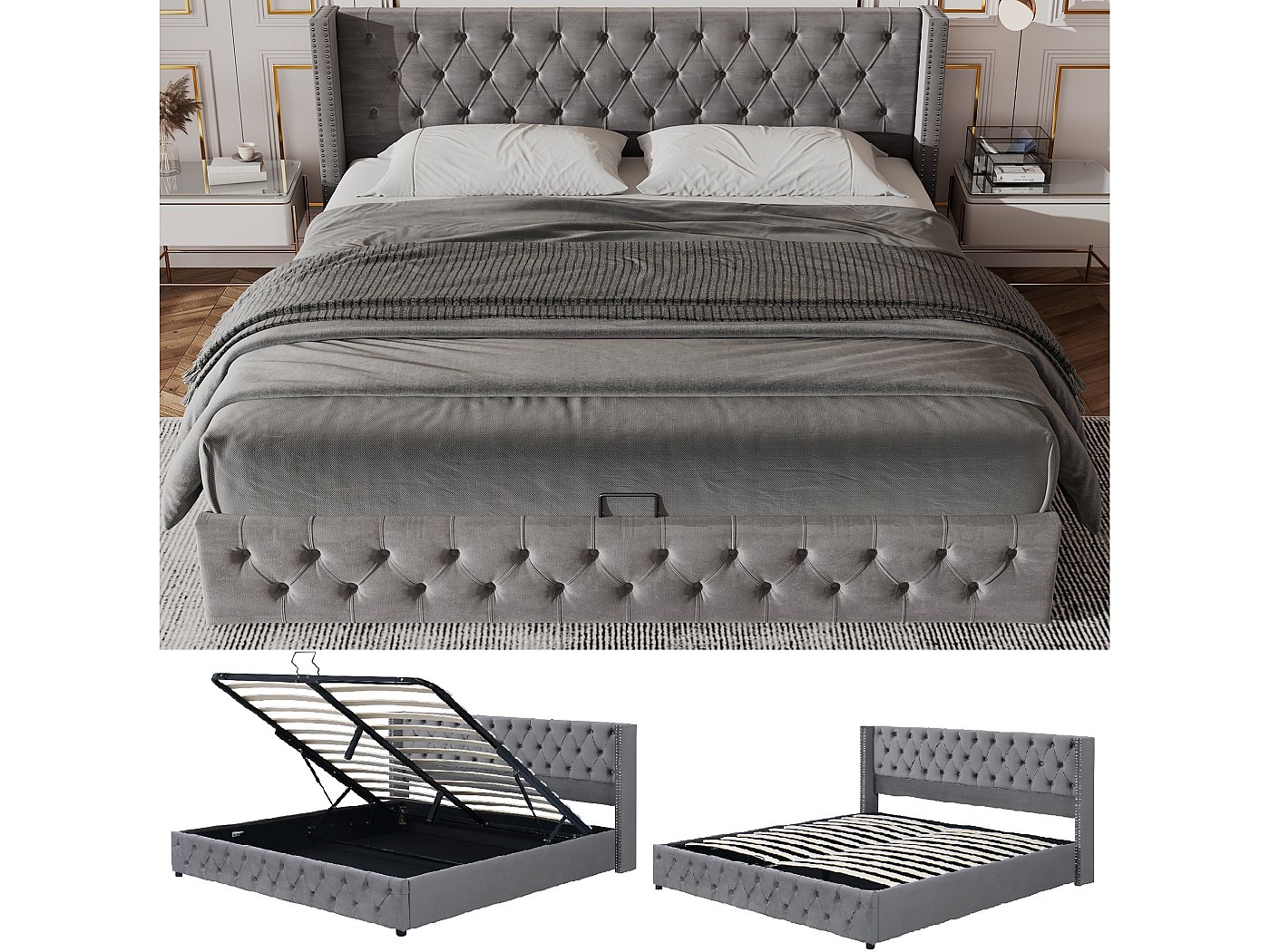 Lit coffre 160x200 en velours gris avec tête de lit + sommier à lattes | Maison et Styles