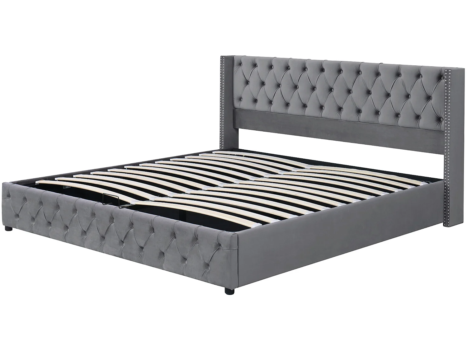 Lit coffre avec rangement - 160 x 200 cm - velours - sommier à lattes - style chesterfield - coloris gris
