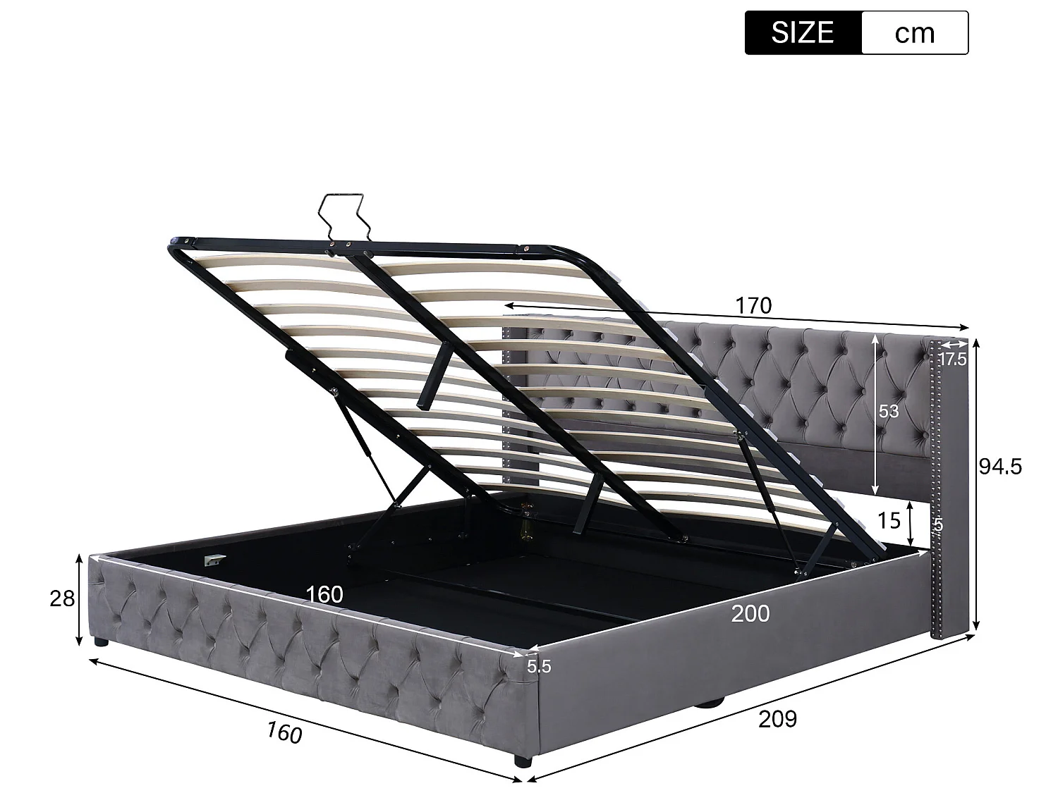 Lit coffre avec rangement - 160 x 200 cm - velours - sommier à lattes - style chesterfield - coloris gris