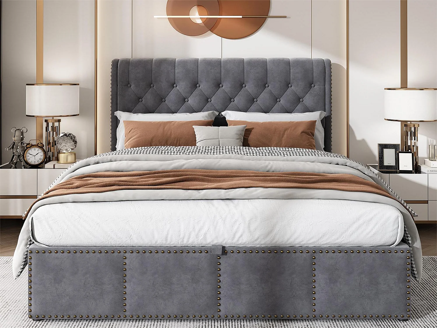 Letto contenitore 140 x 200 cm con testiera - tessuto - rete a doghe - colore grigio