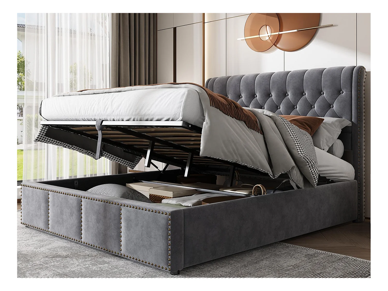Lit coffre 140 x 200 cm avec tête de lit - tissu - sommier à lattes - coloris gris