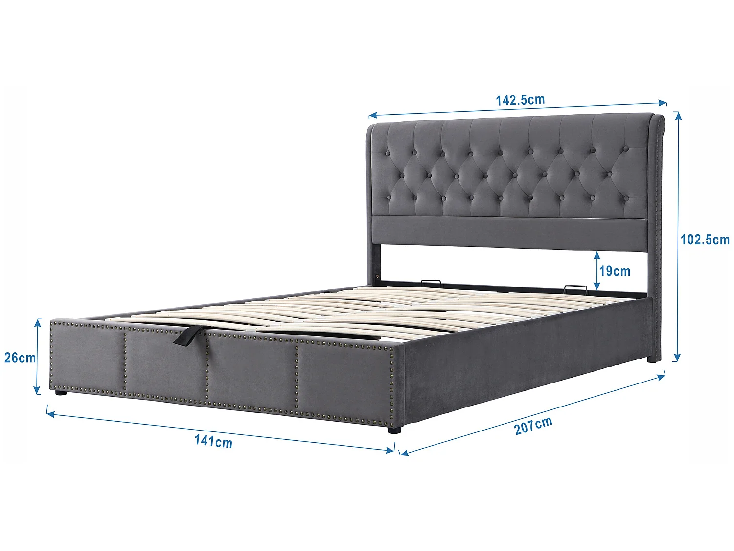 Bettkasten 140 x 200 cm mit Kopfteil – Stoff – Lattenrost – Farbe Grau