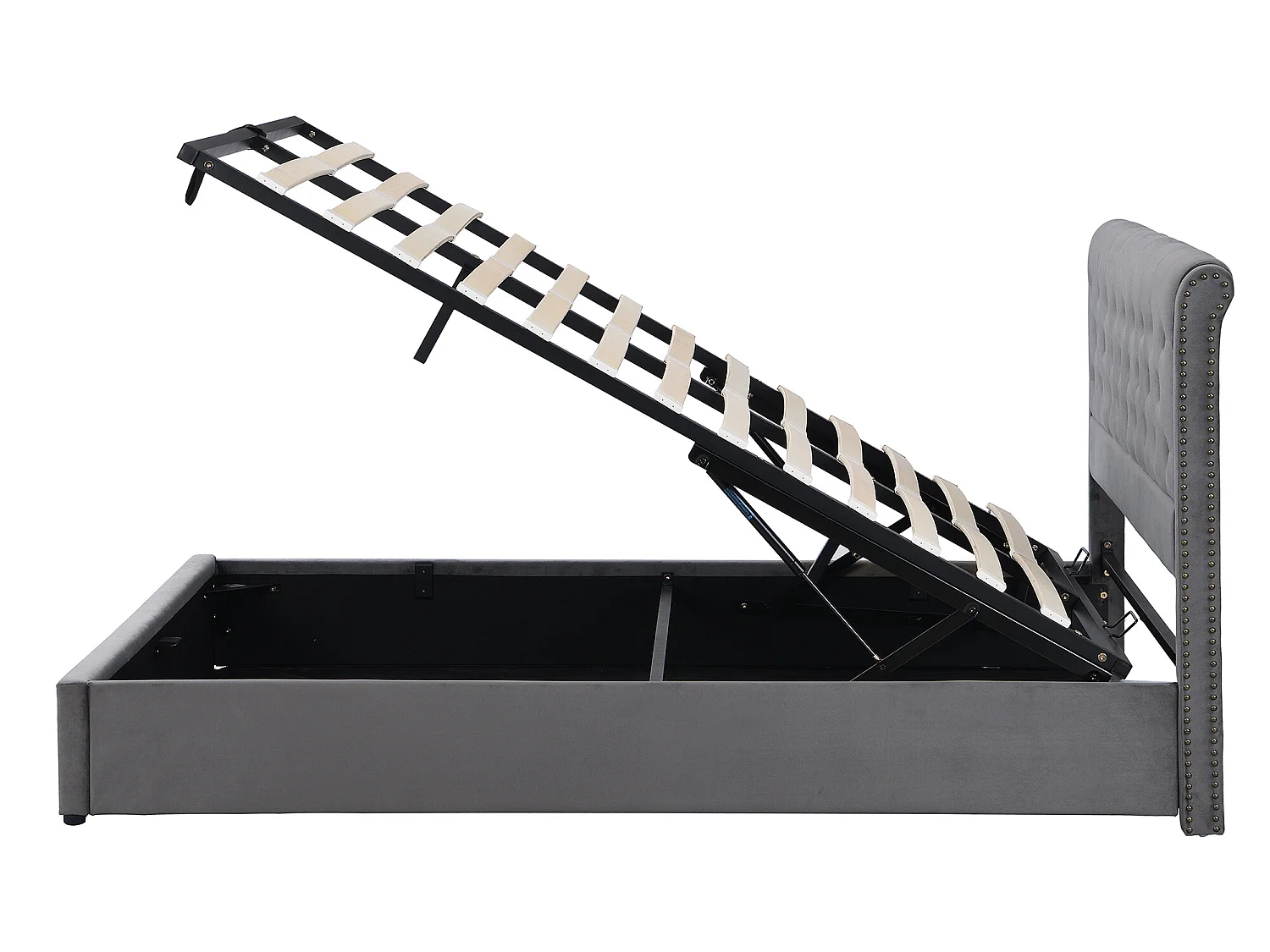 Bettkasten 140 x 200 cm mit Kopfteil – Stoff – Lattenrost – Farbe Grau