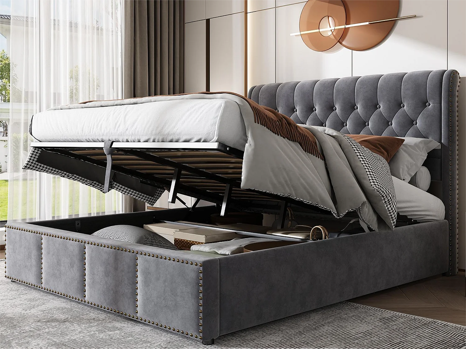 Opbergbed 140 x 200 cm met hoofdeinde - stof - lattenbodem - kleur grijs