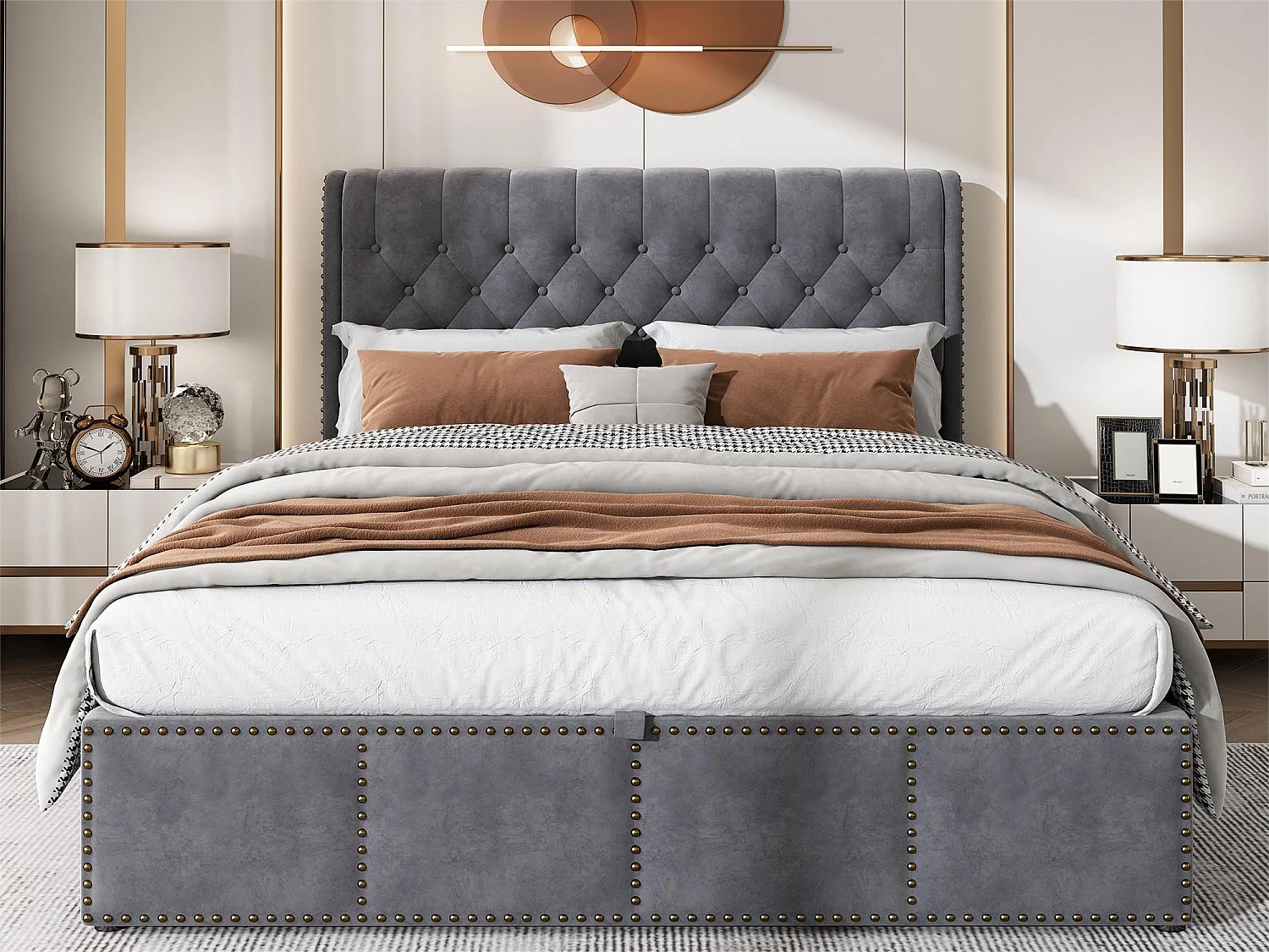 Opbergbed 140 x 200 cm met hoofdeinde - stof - lattenbodem - kleur grijs