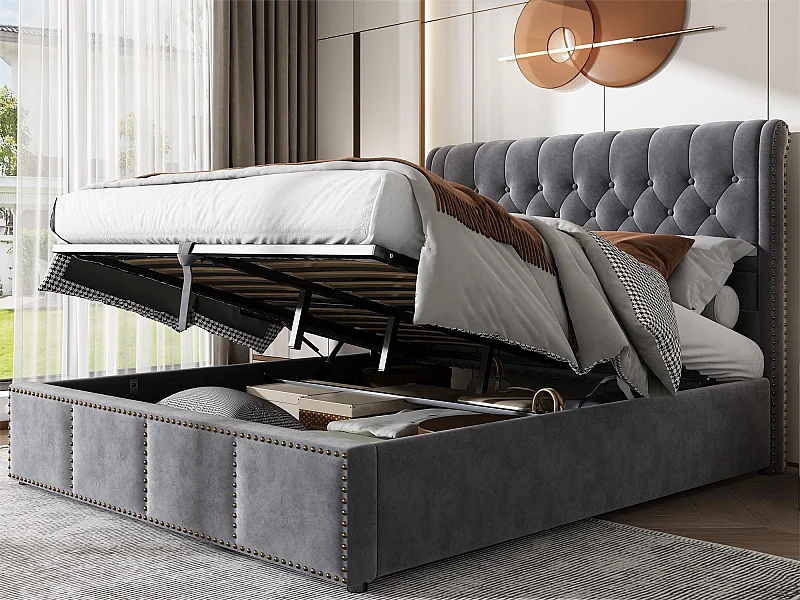 Opbergbed 140 x 200 cm met hoofdeinde - stof - lattenbodem - kleur grijs