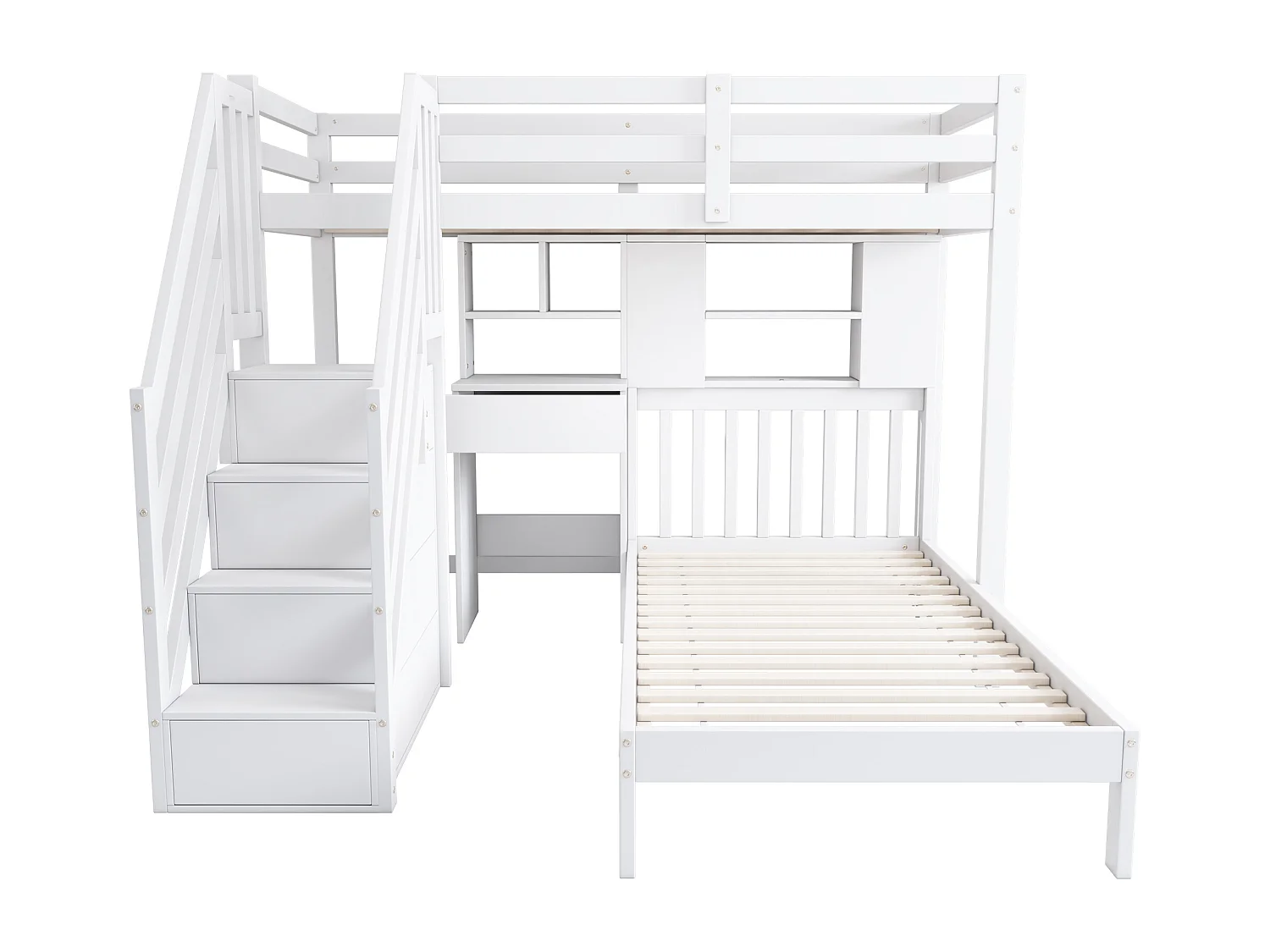 Lit mezzanine 2 places - 2 x 90 x 200 cm - avec bureau et étagère de rangement - bois massif - coloris blanc