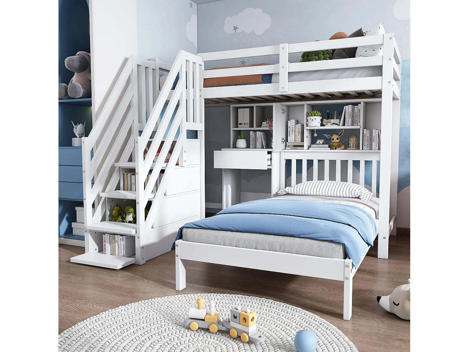 Tweepersoonsbed mezzanine - 2 x 90 x 200 cm - met bureau en opbergplank - massief hout - kleur wit