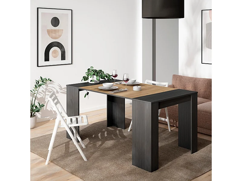 Table console extensible, 160x90x77cm, Pour 8 personnes, Table à Manger, Noir et chêne