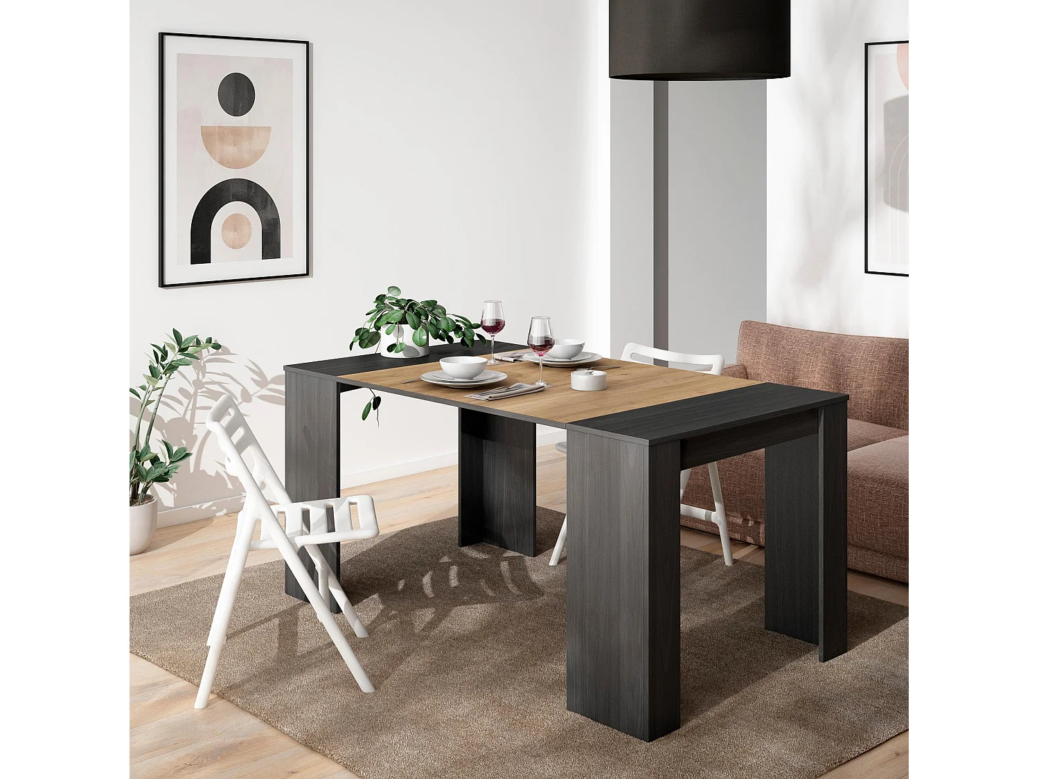 Table console extensible, 160x90x77cm, Pour 8 personnes, Table à Manger, Noir et chêne