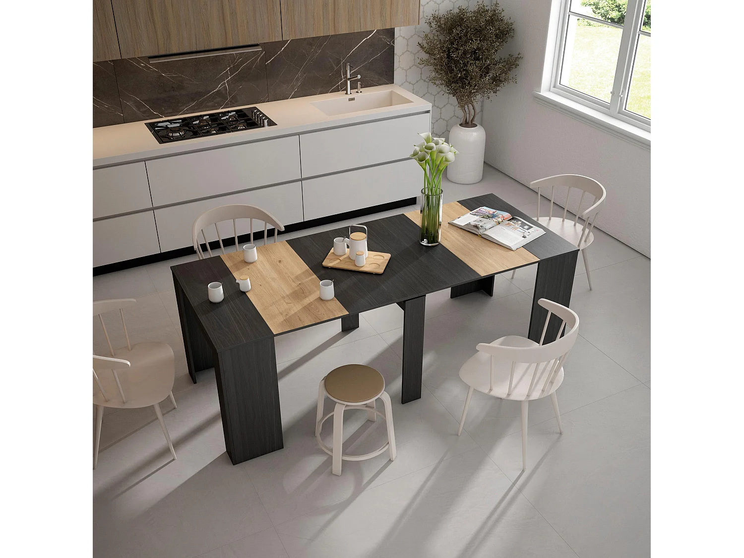 Table console extensible, 222x90x77cm, Pour 10 personnes, Table à Manger, Noir et chêne