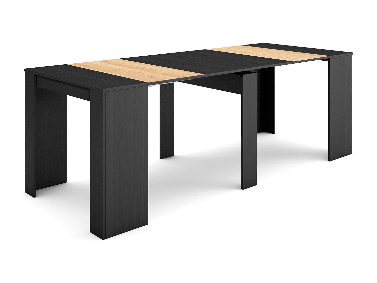 Table console extensible, 222x90x77cm, Pour 10 personnes, Table à Manger, Noir et chêne