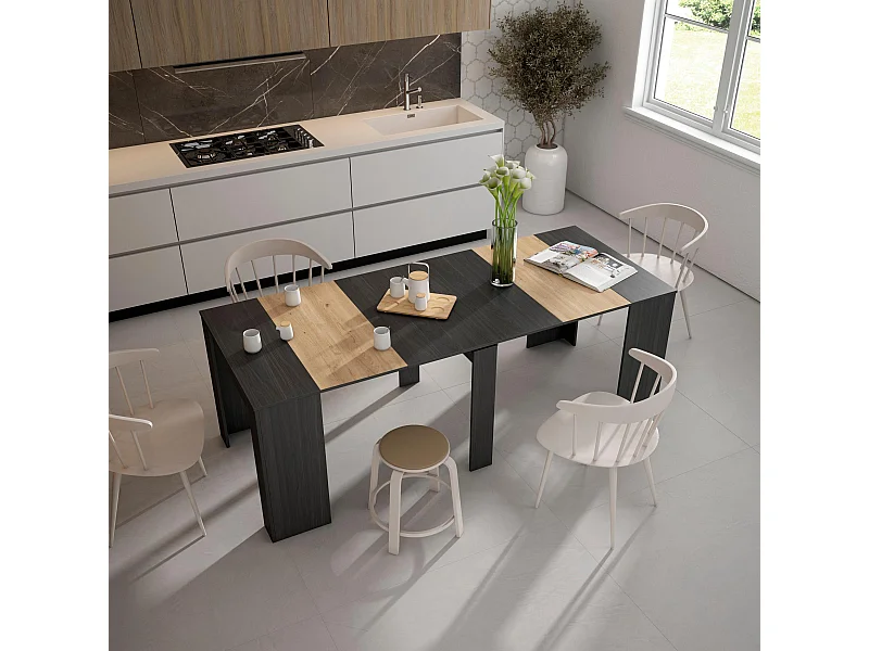 Table console extensible, 222x90x77cm, Pour 10 personnes, Table à Manger, Noir et chêne