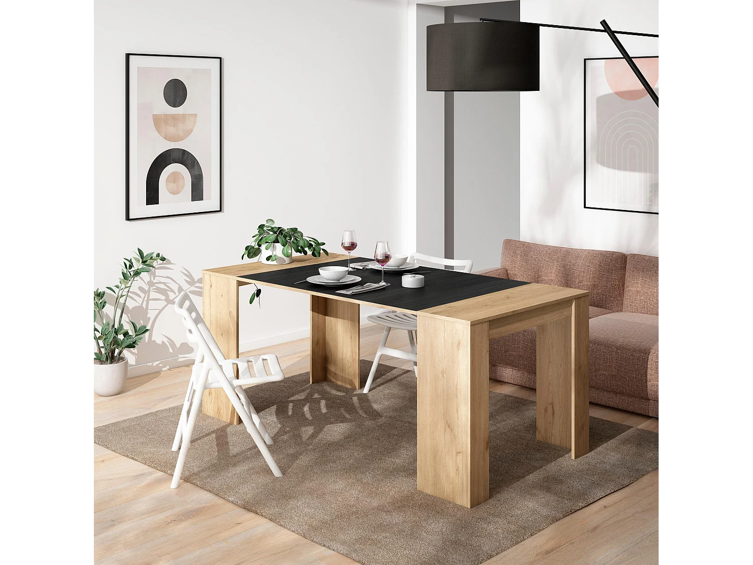 Table console extensible, 180x90x77cm, Pour 8 personnes, Table à Manger, Chêne et noir