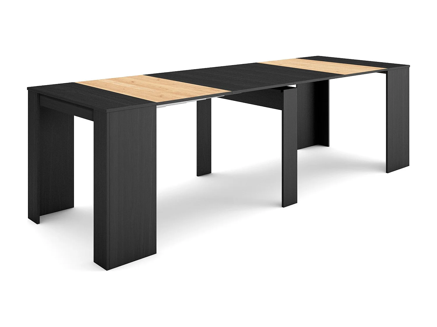 Table console extensible, 262x90x77cm, Pour 12 personnes, Table à Manger, Noir et chêne