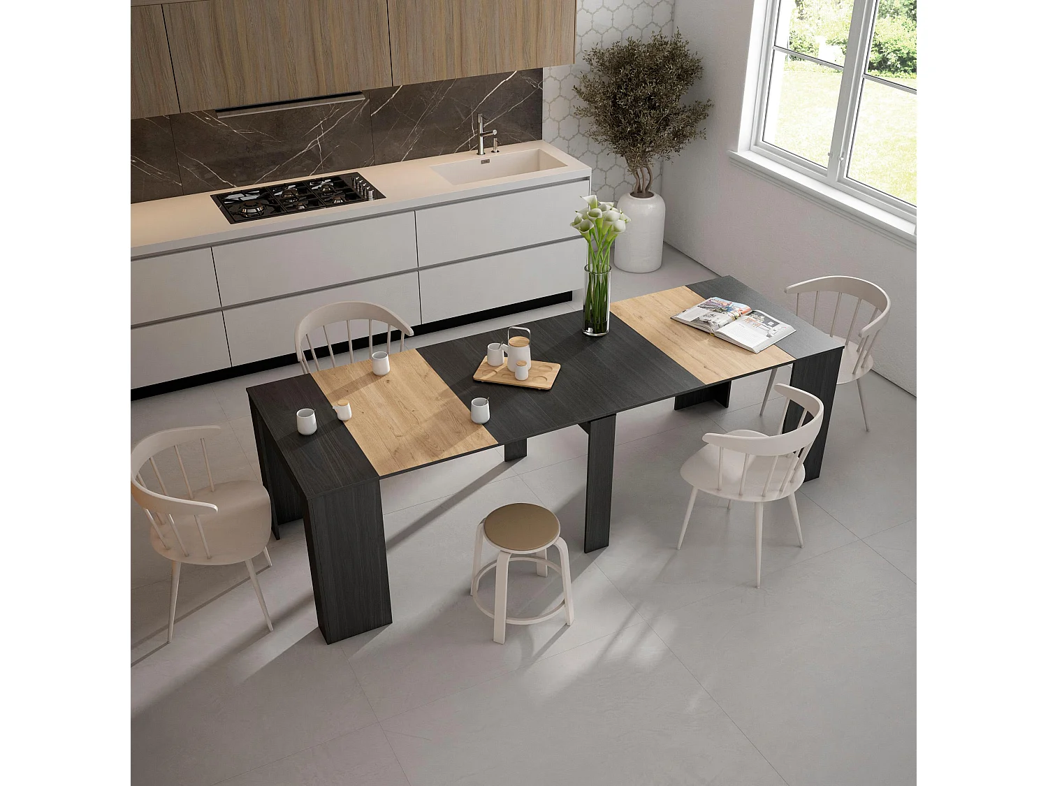 Mesa Consola Extensível, 262x90x77cm, Para 12 pessoas, Mesa de Jantar, Preto e carvahlo