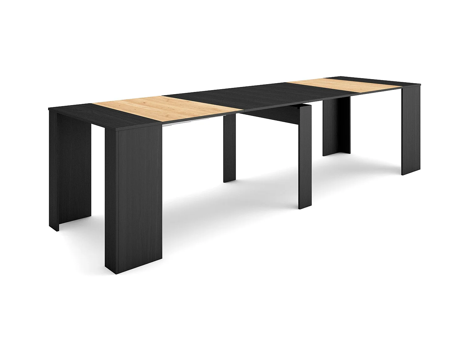 Table console extensible, 302x90x77cm, Pour 14 personnes, Table à Manger, Noir et chêne