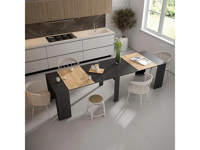 Mesa Consola Extensível, 302x90x77cm, Para 14 pessoas, Mesa de Jantar, Preto e carvahlo