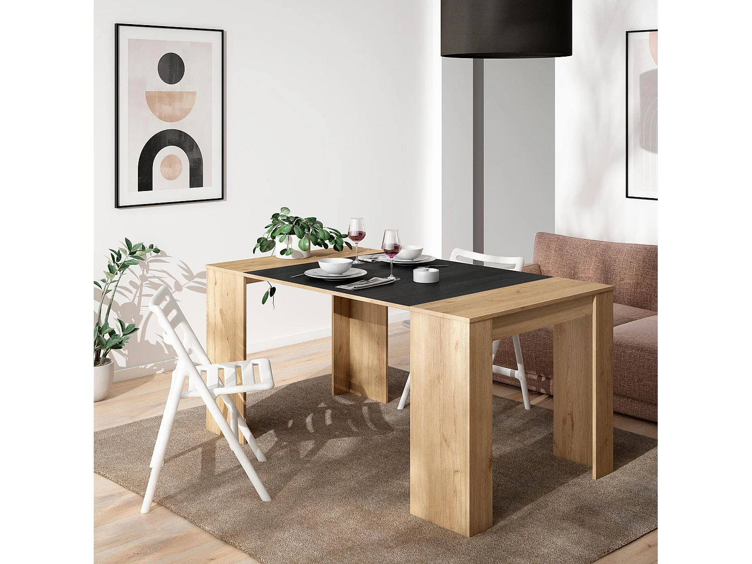 Mesa Consola extensible, 160x90x77cm, Para 8 comensales, Comedor y cocina, Roble y negro