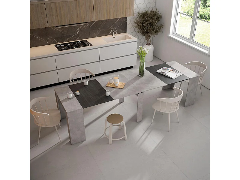 Mesa Consola Extensível, 302x90x77cm, Para 14 pessoas, Mesa de Jantar, Cimento