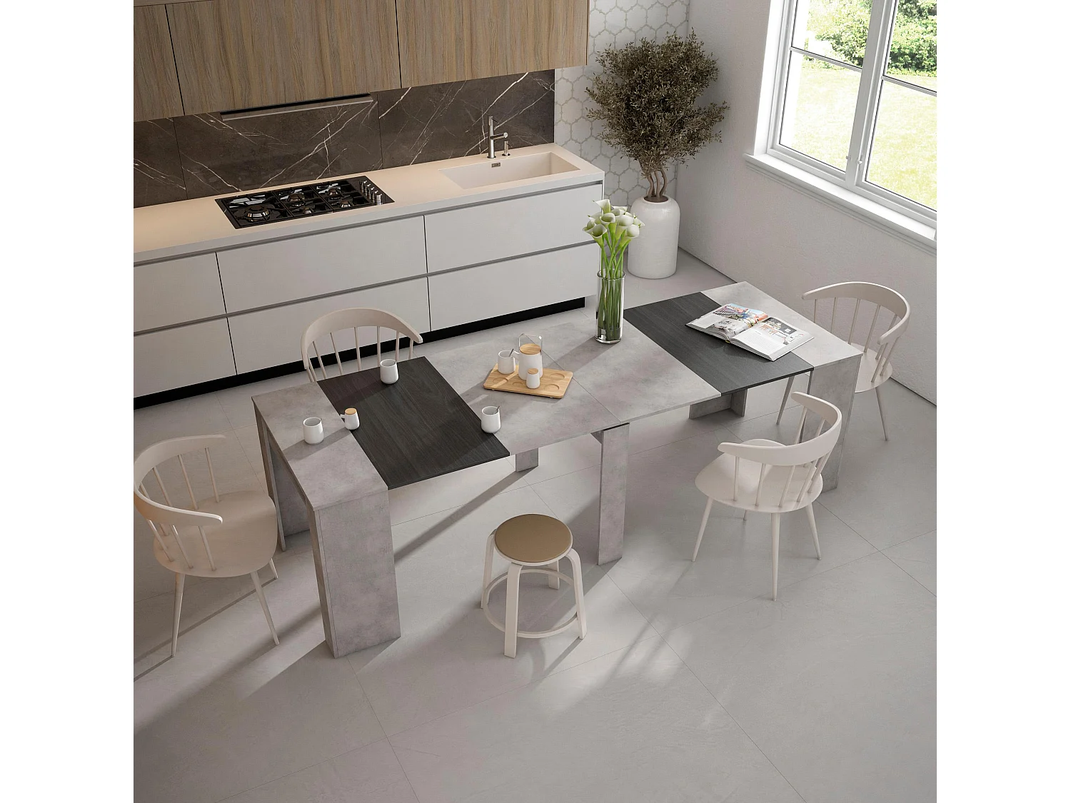 Uitschuifbare Consoletafel, 262x90x77cm, Voor 12 personen, Tafel, Cement