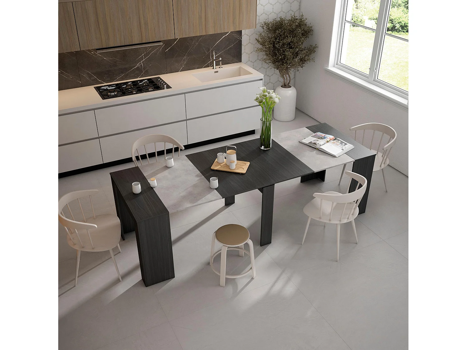 Table console extensible, 262x90x77cm, Pour 12 personnes, Table à Manger, Noir