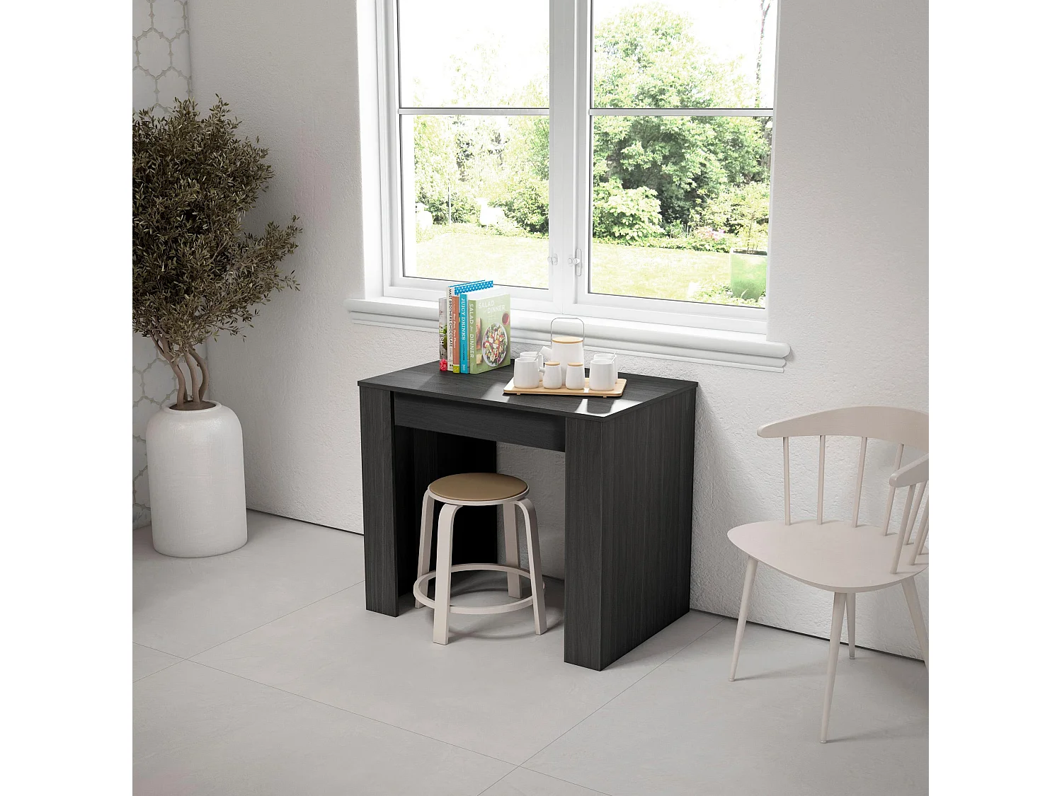Table console extensible, 262x90x77cm, Pour 12 personnes, Table à Manger, Noir
