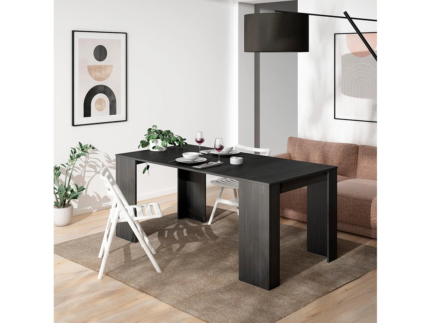 Table console extensible, 180x90x77cm, Pour 8 personnes, Table à Manger, Noir