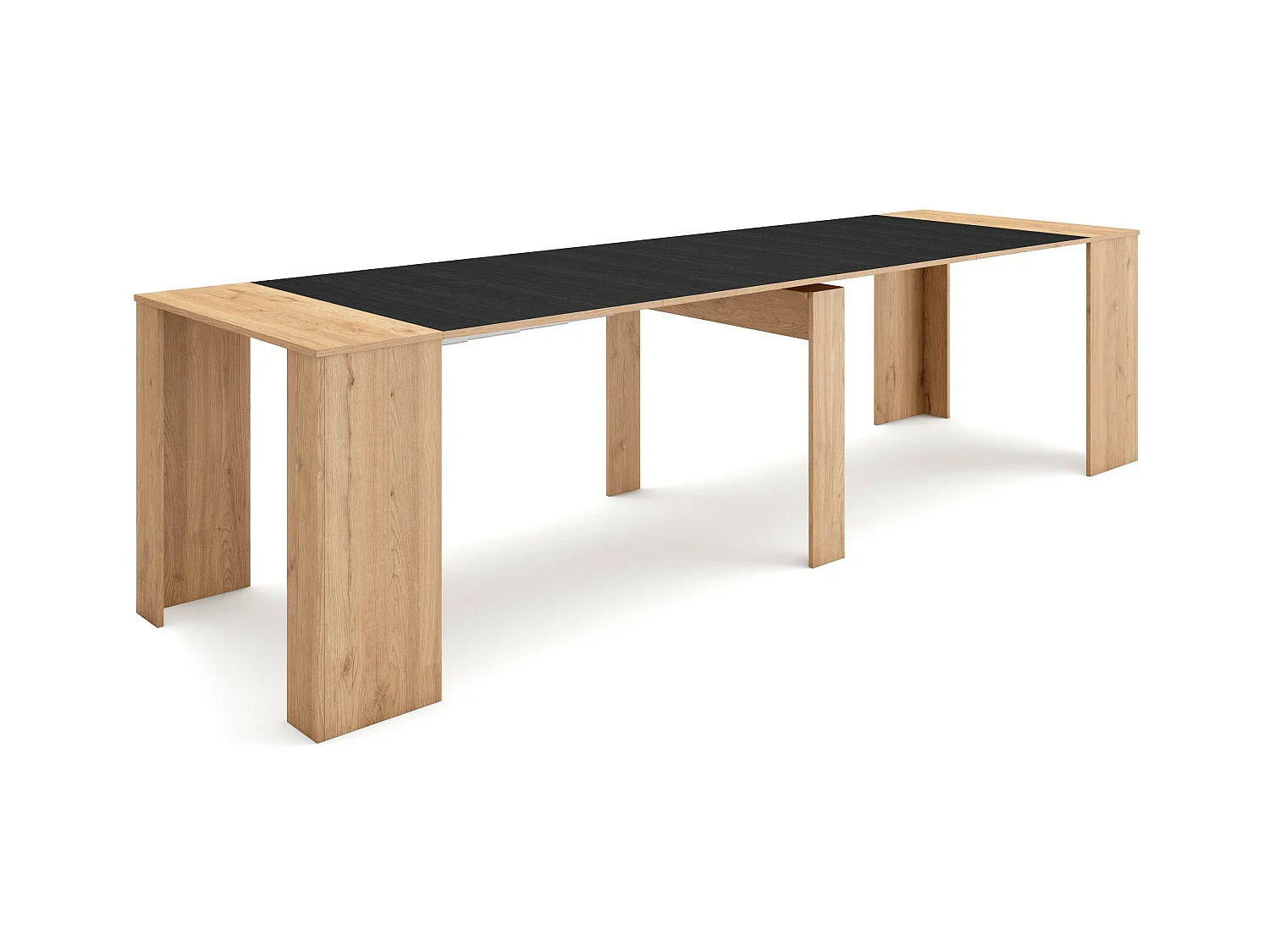 Table console extensible, 302x90x77cm, Pour 14 personnes, Table à Manger, Chêne et noir