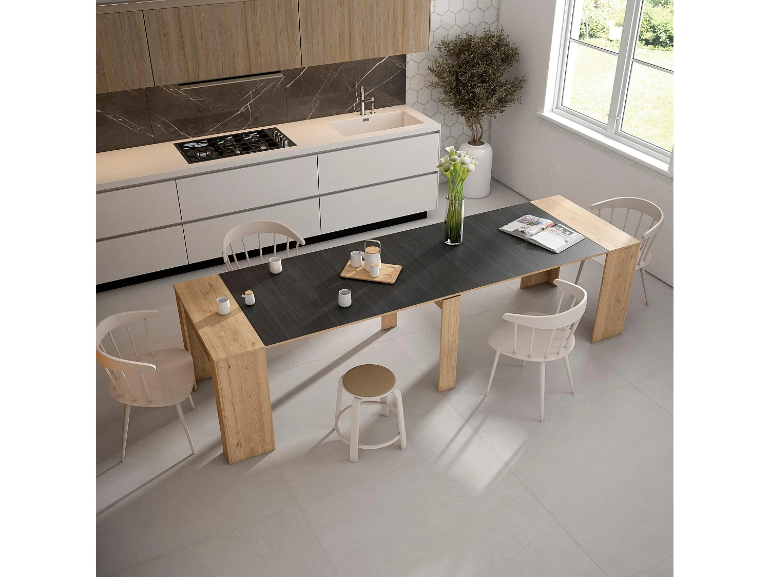 Table console extensible, 302x90x77cm, Pour 14 personnes, Table à Manger, Chêne et noir