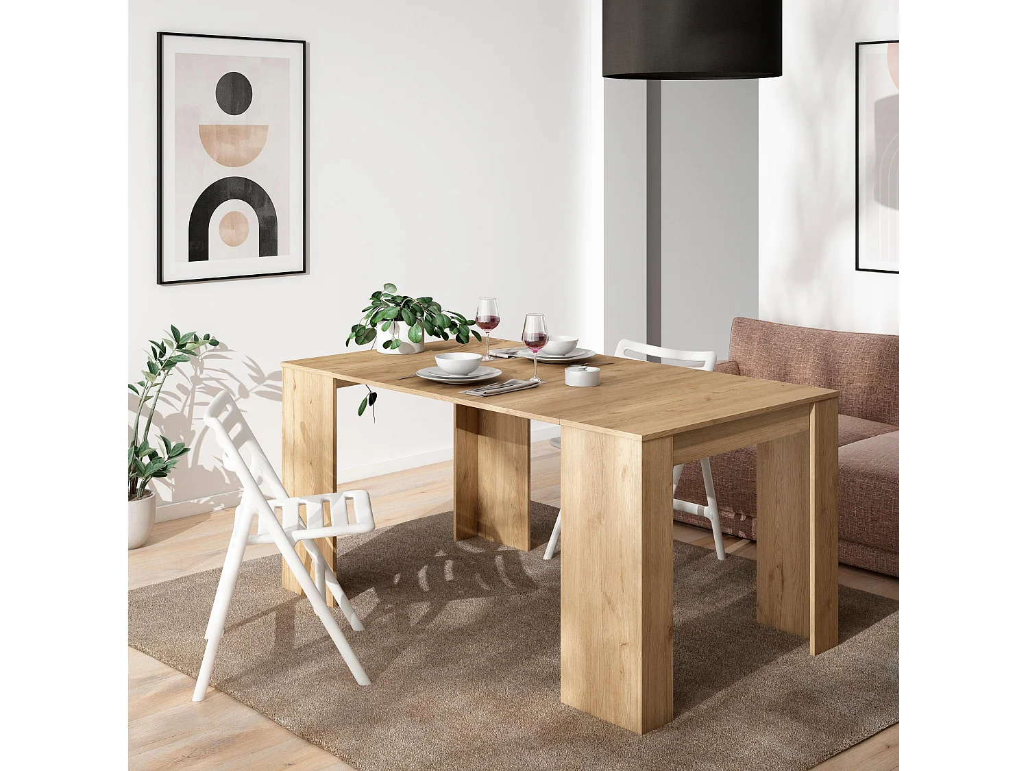 Table console extensible, 160x90x77cm, Pour 8 personnes, Table à Manger, Chêne