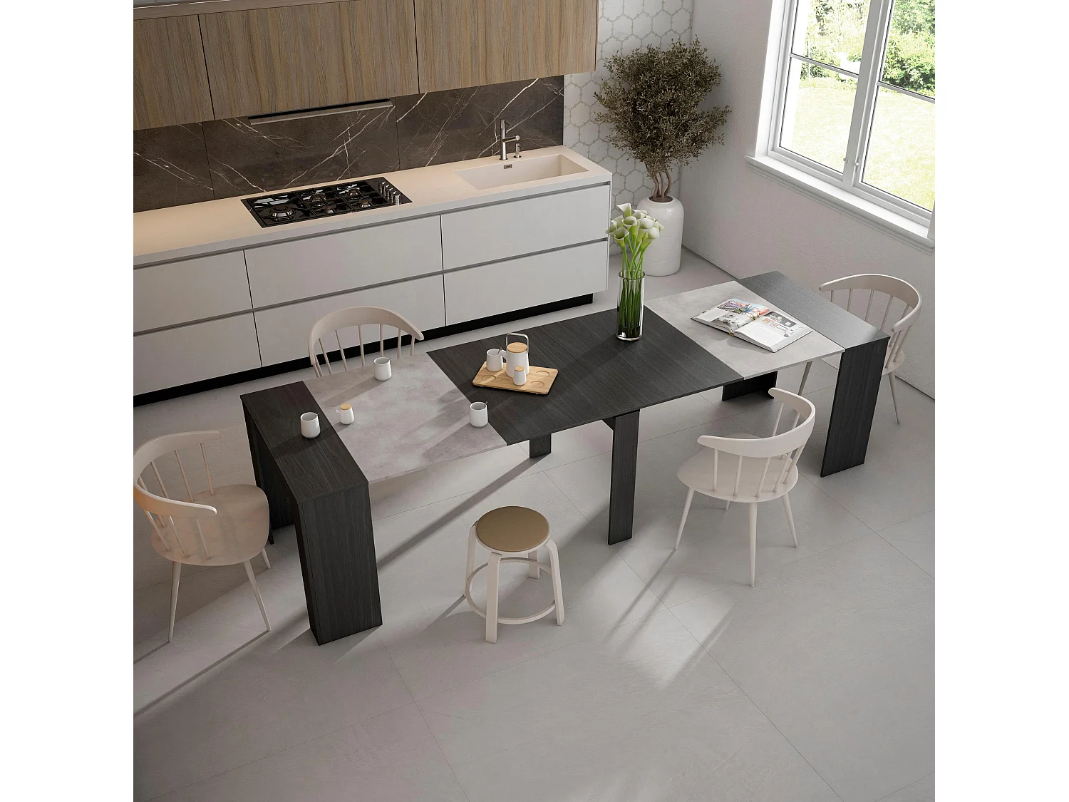 Uitschuifbare Consoletafel, 302x90x77cm, Voor 14 personen, Tafel, Cement