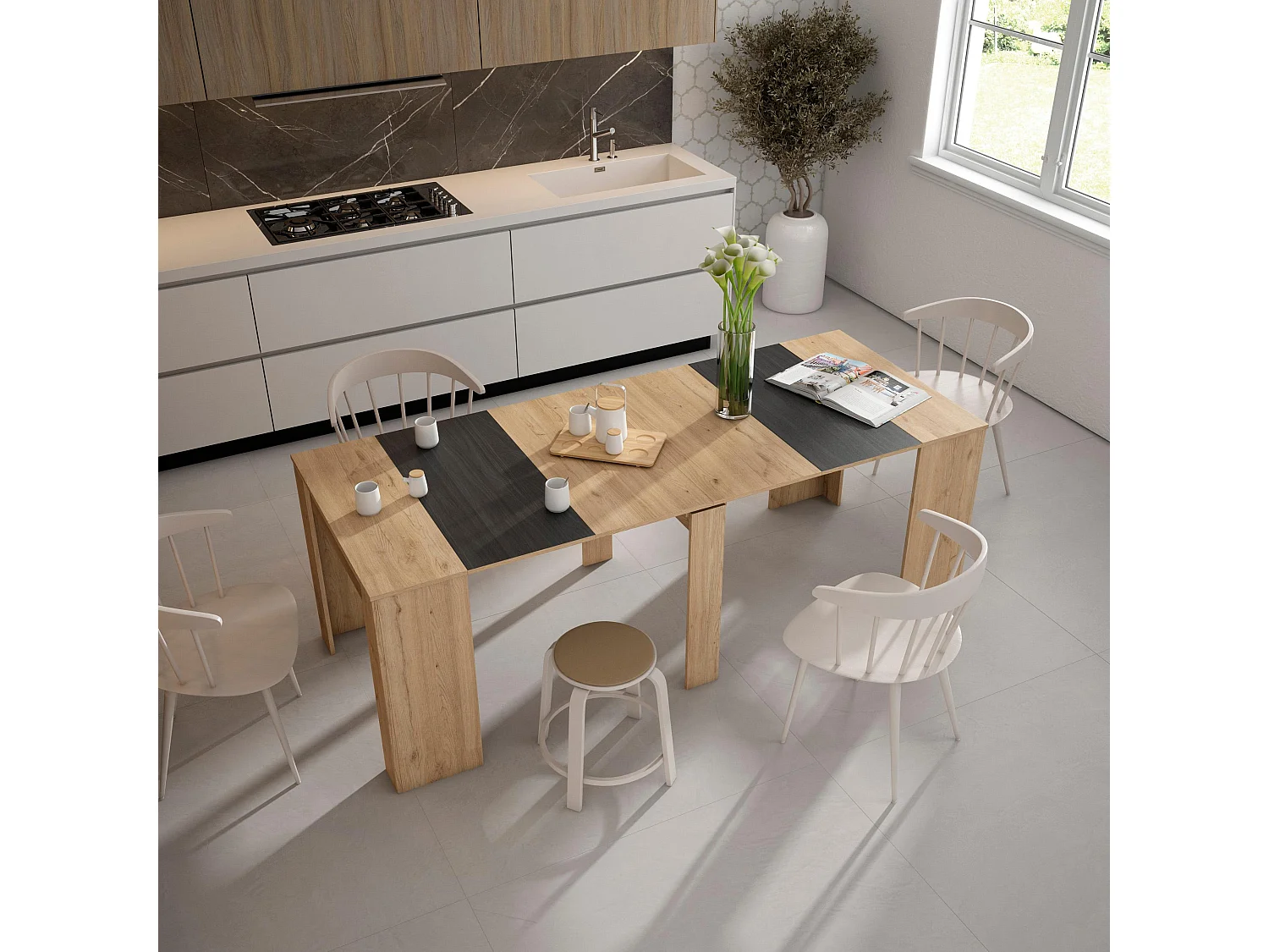 Uitschuifbare Consoletafel, 222x90x77cm, Voor 10 personen, Tafel, Eiken/Zwart