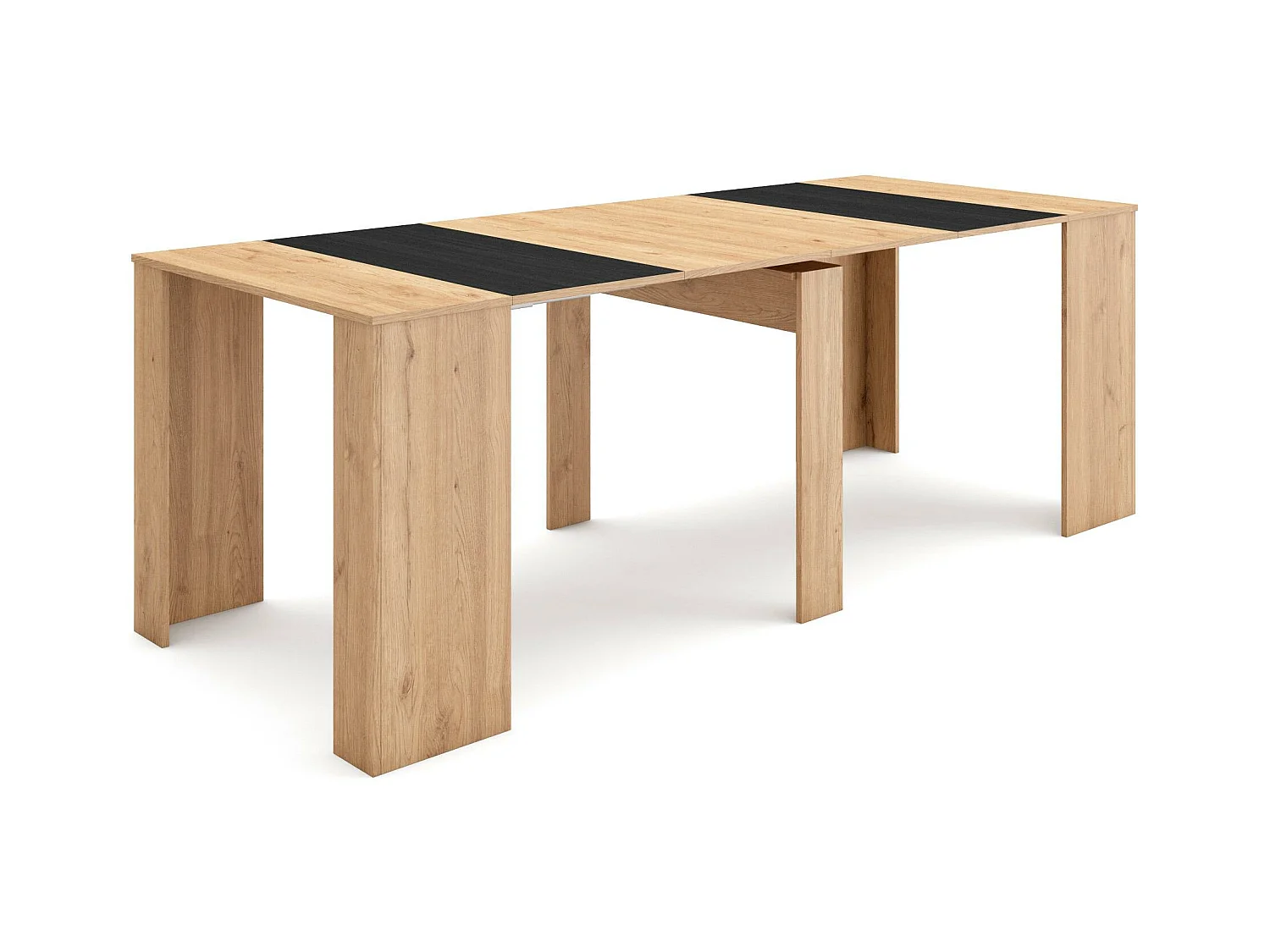 Table console extensible, 222x90x77cm, Pour 10 personnes, Table à Manger, Chêne et noir