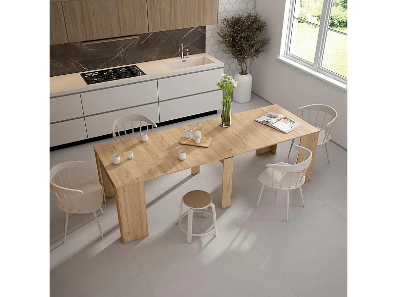 Table console extensible, 262x90x77cm, Pour 12 personnes, Table à Manger, Chêne
