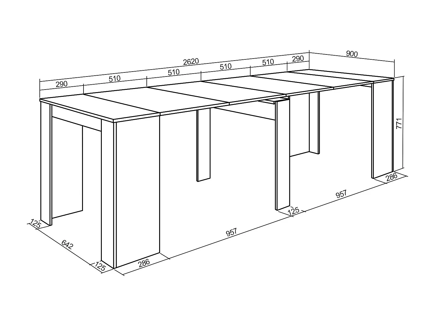 Table console extensible, 262x90x77cm, Pour 12 personnes, Table à Manger, Chêne