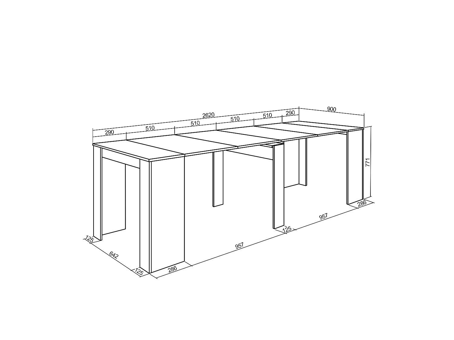 Table console extensible, 262x90x77cm, Pour 12 personnes, Table à Manger, Chêne