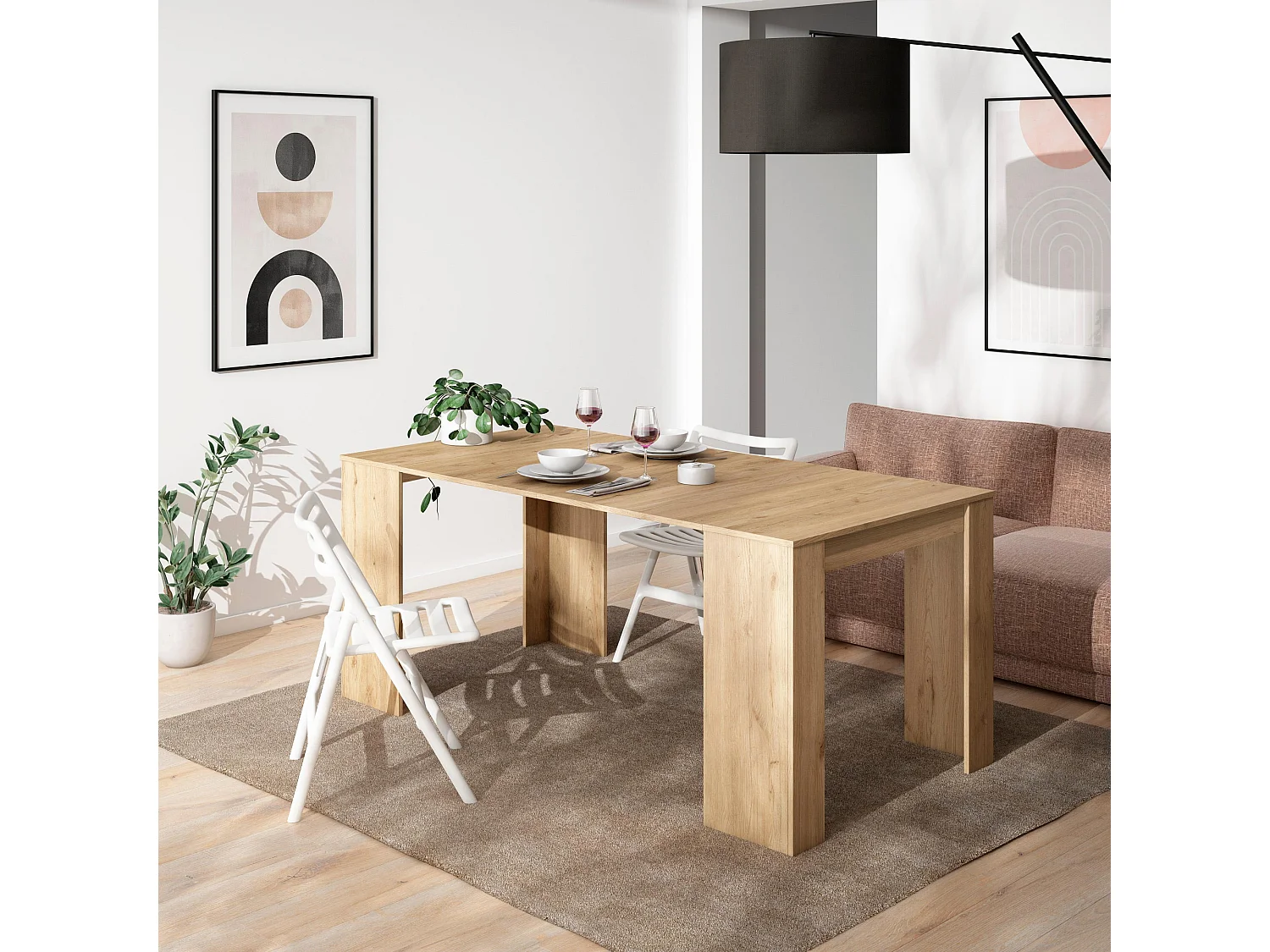 Table console extensible, 180x90x77cm, Pour 8 personnes, Table à Manger, Chêne