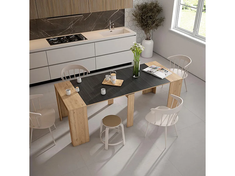 Mesa Consola Extensível, 222x90x77cm, Para 10 pessoas, Mesa de Jantar, Carvahlo e preto