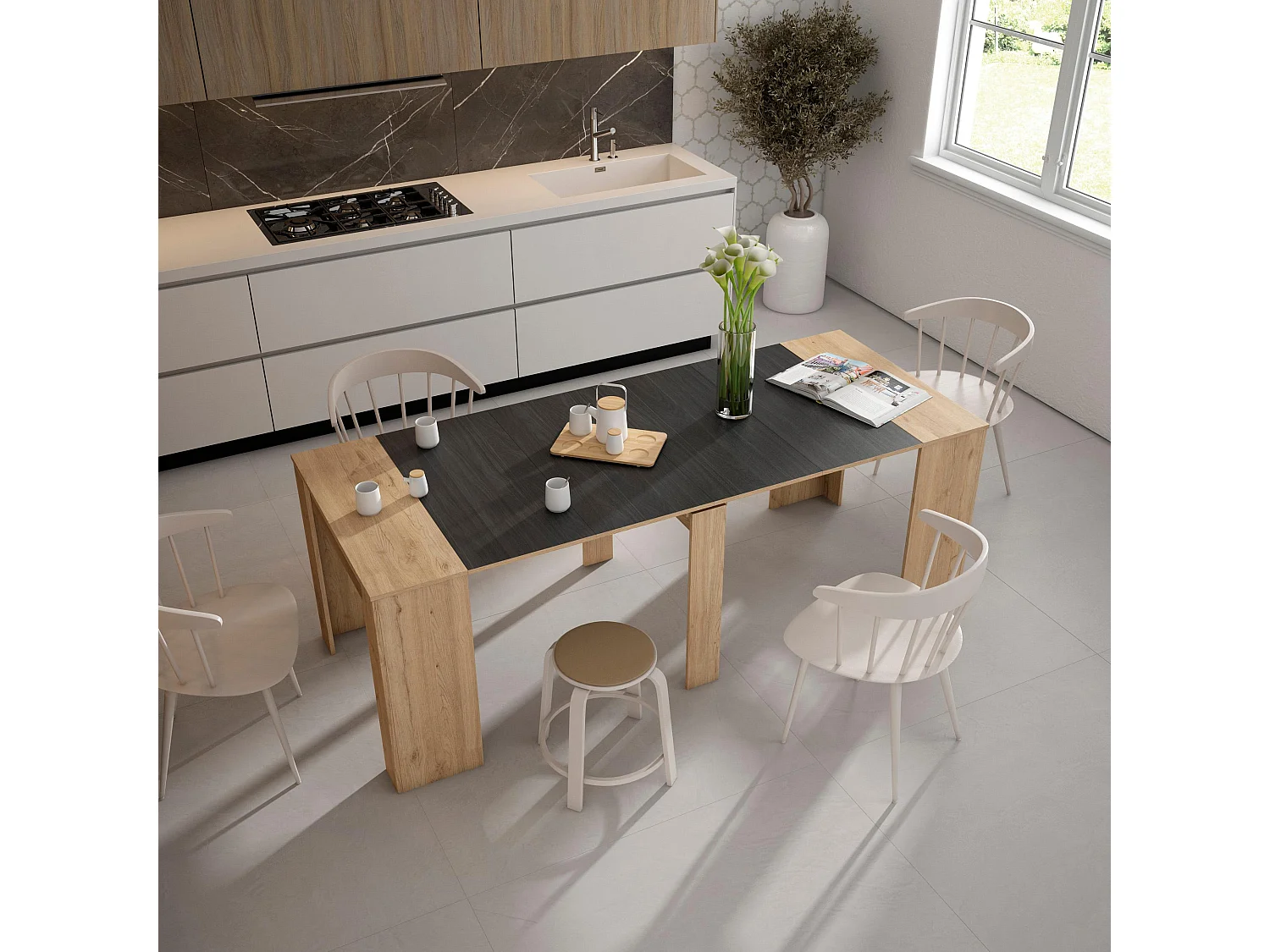 Table console extensible, 222x90x77cm, Pour 10 personnes, Table à Manger, Chêne et noir