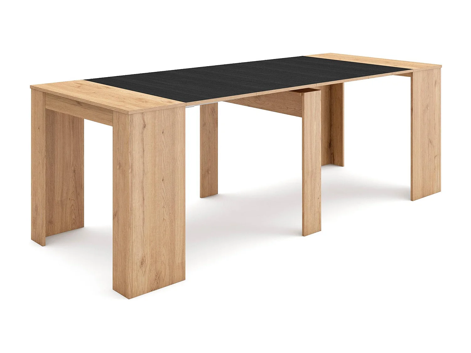 Table console extensible, 222x90x77cm, Pour 10 personnes, Table à Manger, Chêne et noir